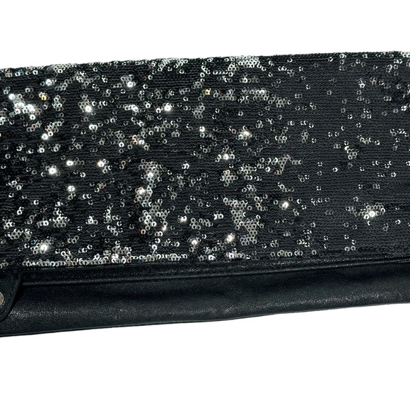BCBGeneration Black Leather Silver Sequin Foldover Evening Clutch Zipper - Picture 2 of 9